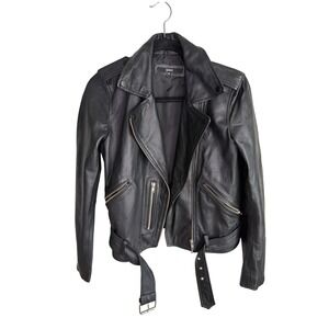 Quince Womens Black 100% Sheep Leather Biker Moto Jacket Size M Belted Zip